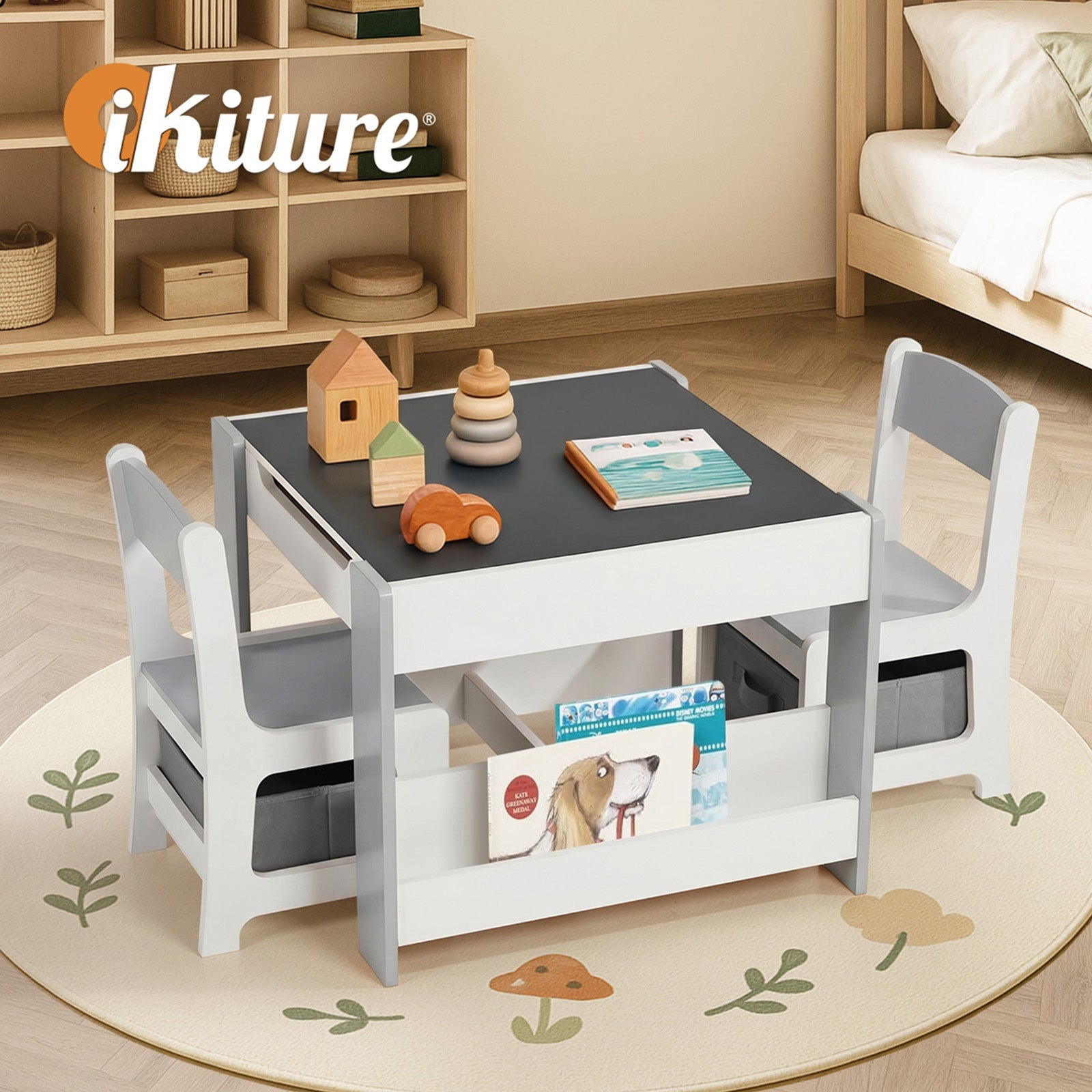 Oikiture Kids Table and Chairs Set Chalkboard Drawing Toys Storage Grey