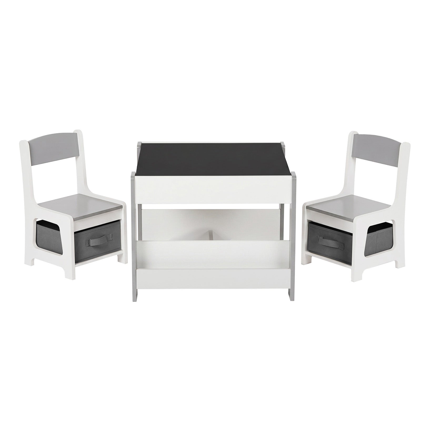 Oikiture Kids Table and Chairs Set Chalkboard Drawing Toys Storage Grey