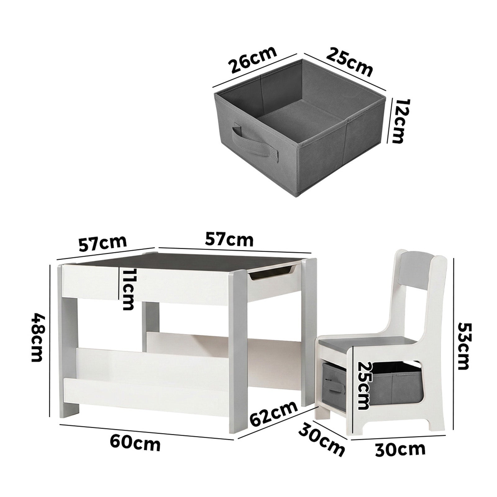 Oikiture Kids Table and Chairs Set Chalkboard Drawing Toys Storage Grey