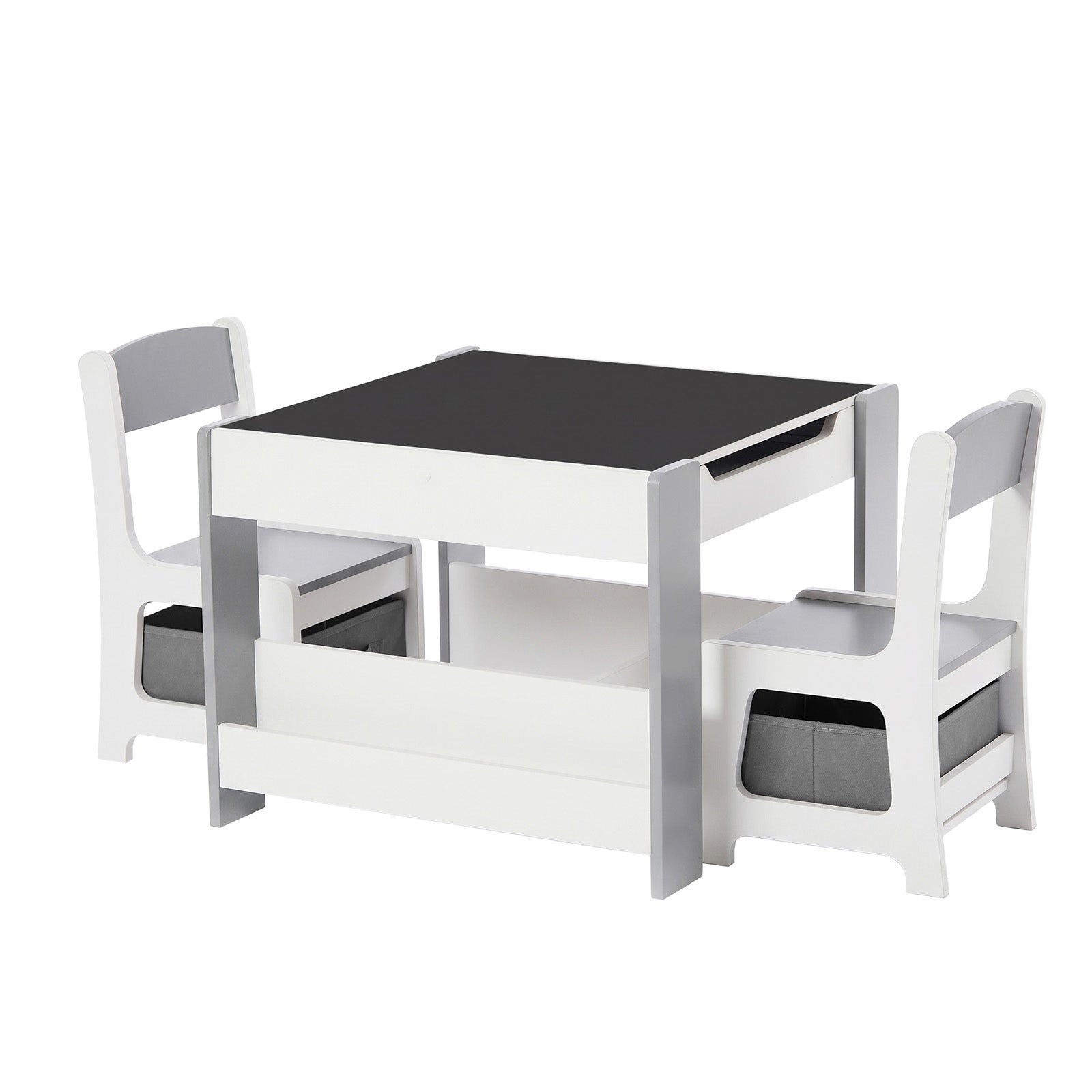 Oikiture Kids Table and Chairs Set Chalkboard Drawing Toys Storage Grey