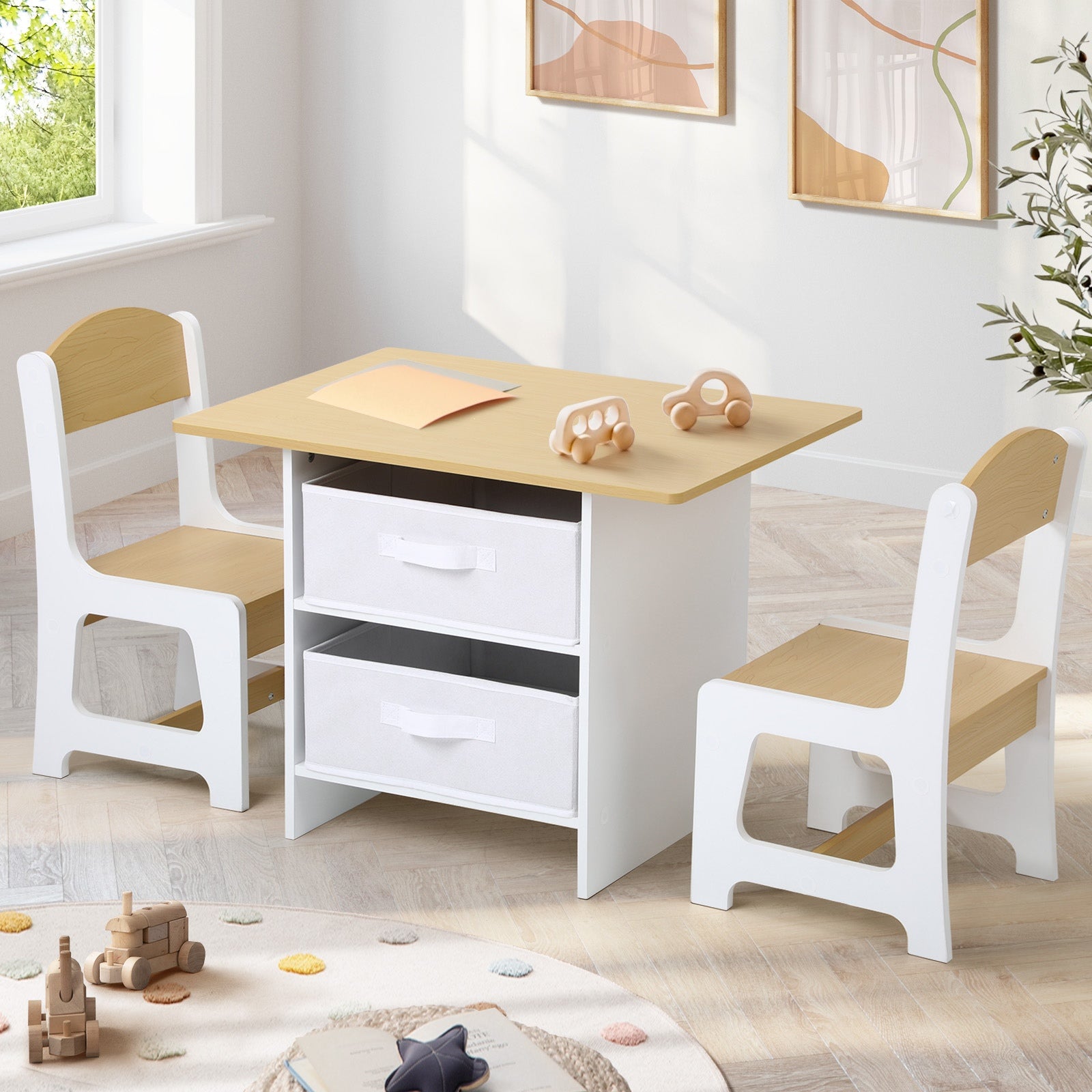 Oikiture Kids Table and Chairs Set Wooden Play Study Desk with Toy Storage Box - Sunyee