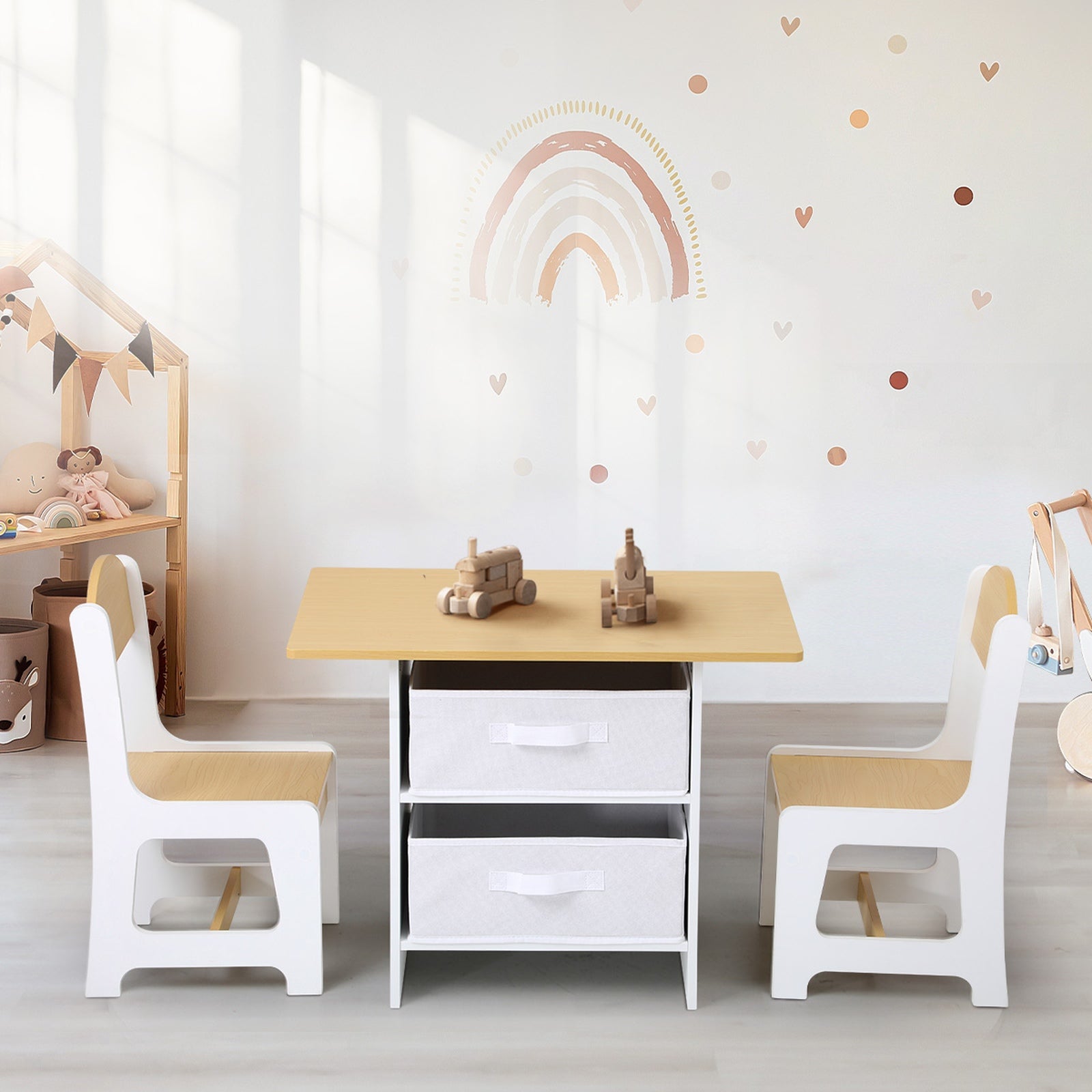 Oikiture Kids Table and Chairs Set Wooden Play Study Desk with Toy Storage Box - Sunyee