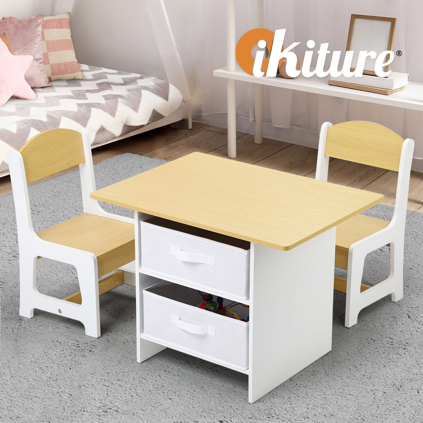 Oikiture Kids Table and Chairs Set Wooden Play Study Desk with Toy Storage Box - Sunyee