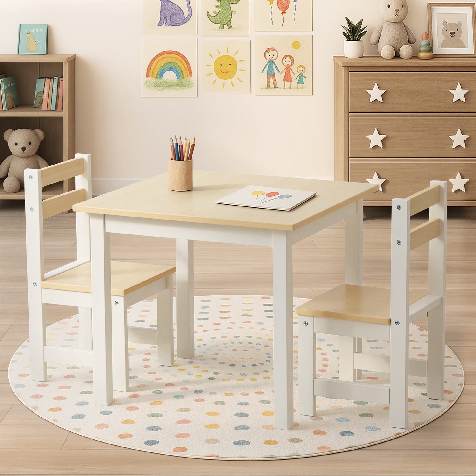 Oikiture Kids Table and Chairs Set Toddler Activity Study Play Desk Natural