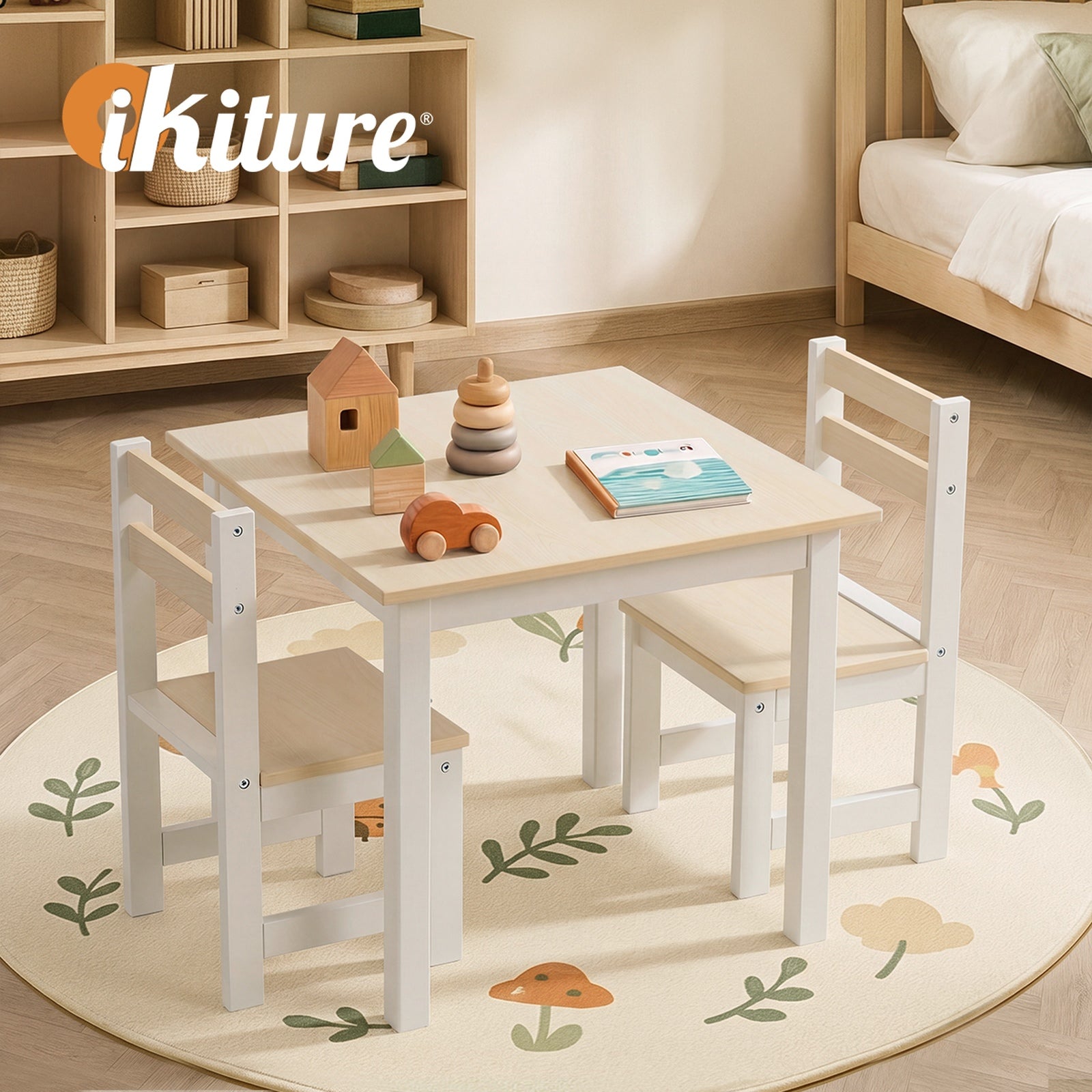 Oikiture Kids Table and Chairs Set Toddler Activity Study Play Desk Natural