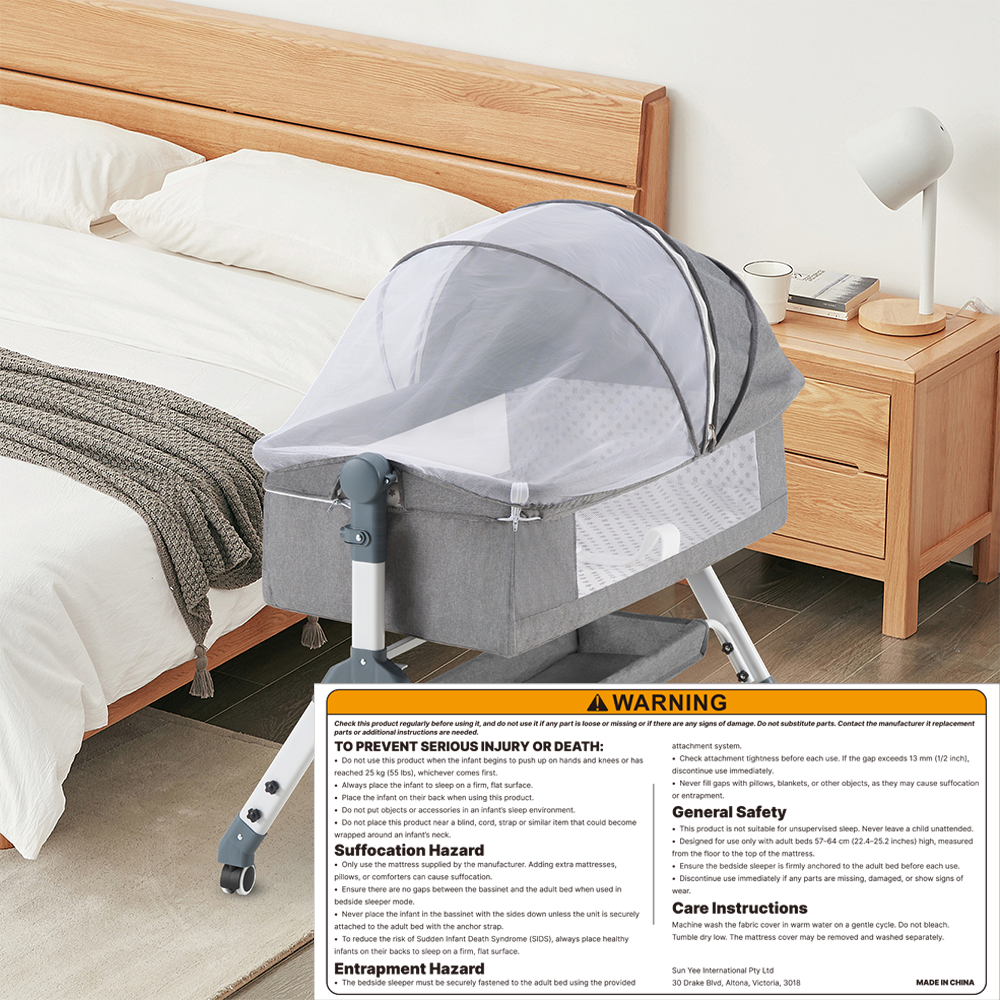 PlayPals Baby Cot Crib Bed Portable Bassinet Bedside Sleeper Adjustable Height - Sunyee