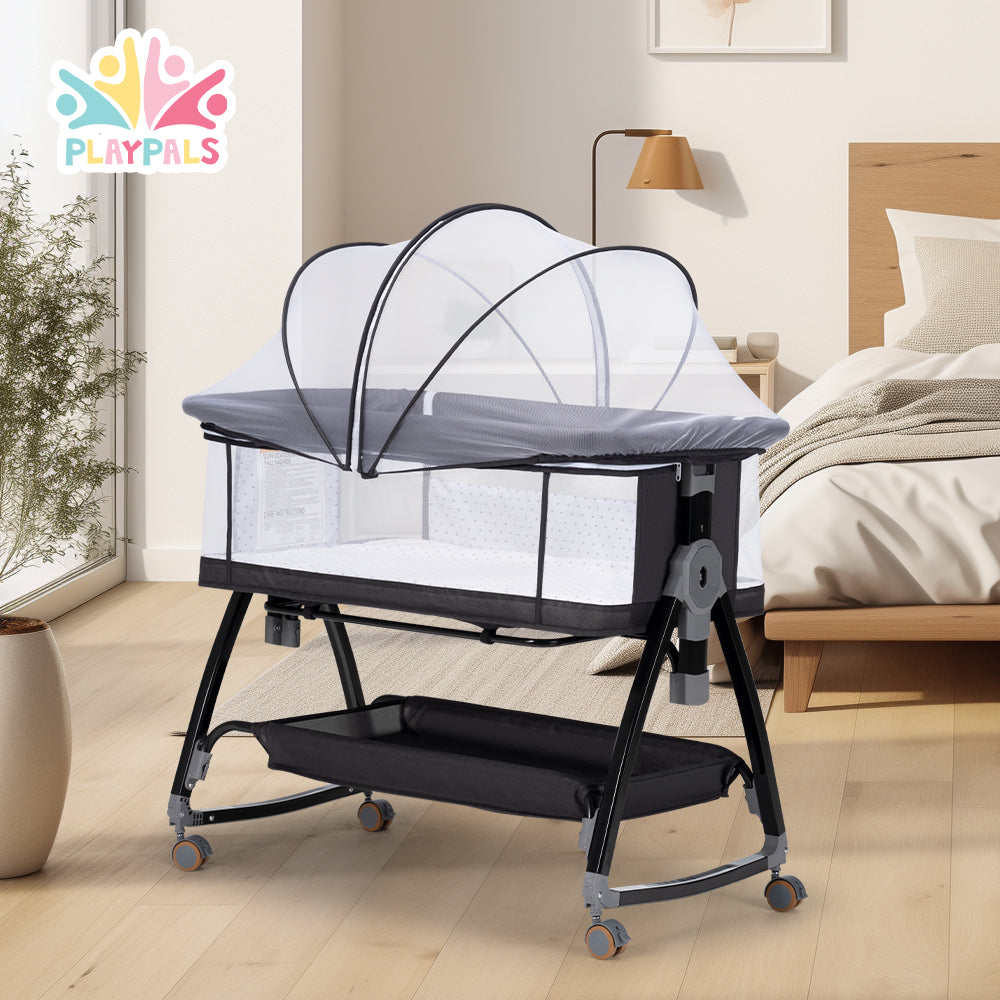 PlayPals 3-in-1 Baby Cot Crib Bed Bassinet Bedside Sleeper Portable Black - Sunyee