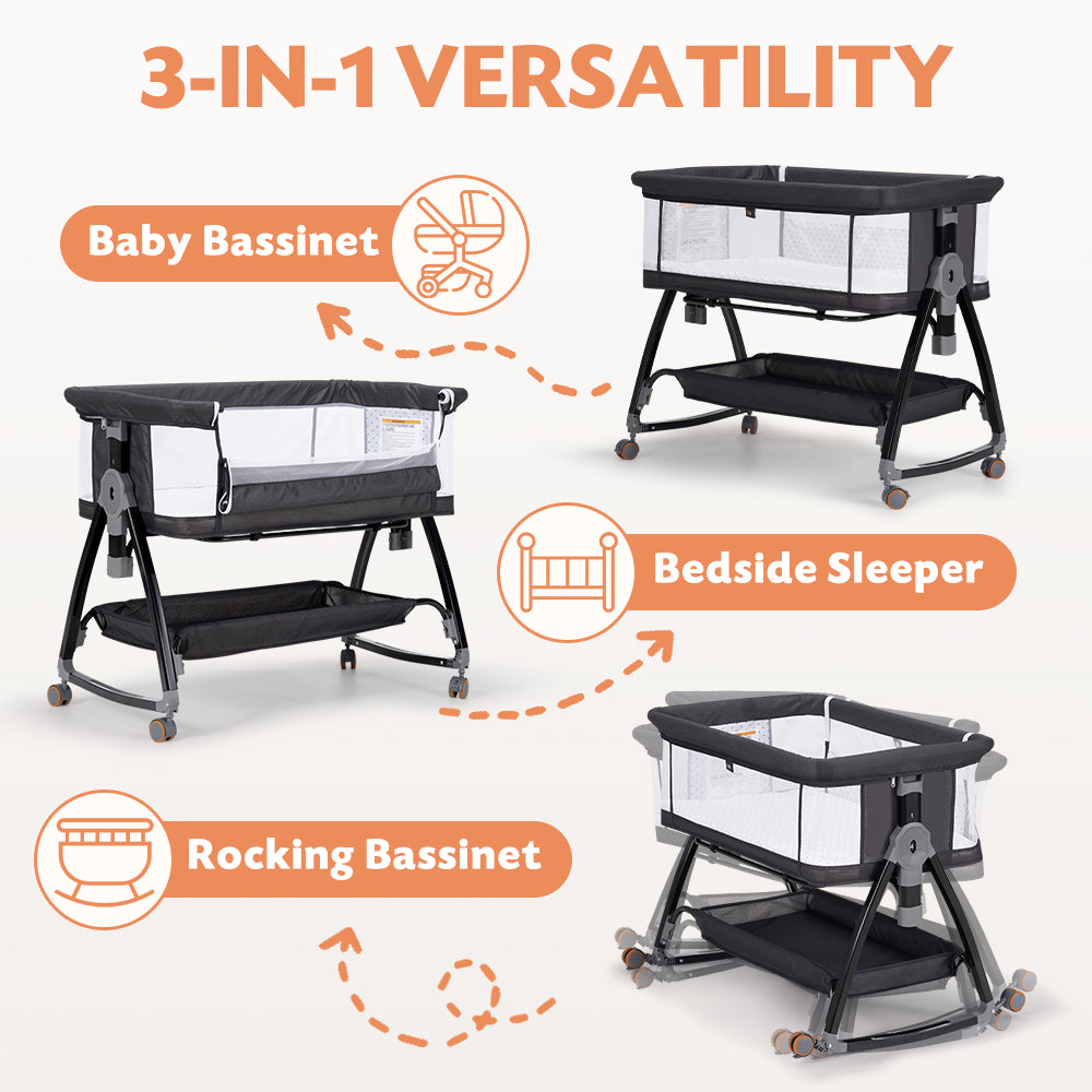 PlayPals 3-in-1 Baby Cot Crib Bed Bassinet Bedside Sleeper Portable Black