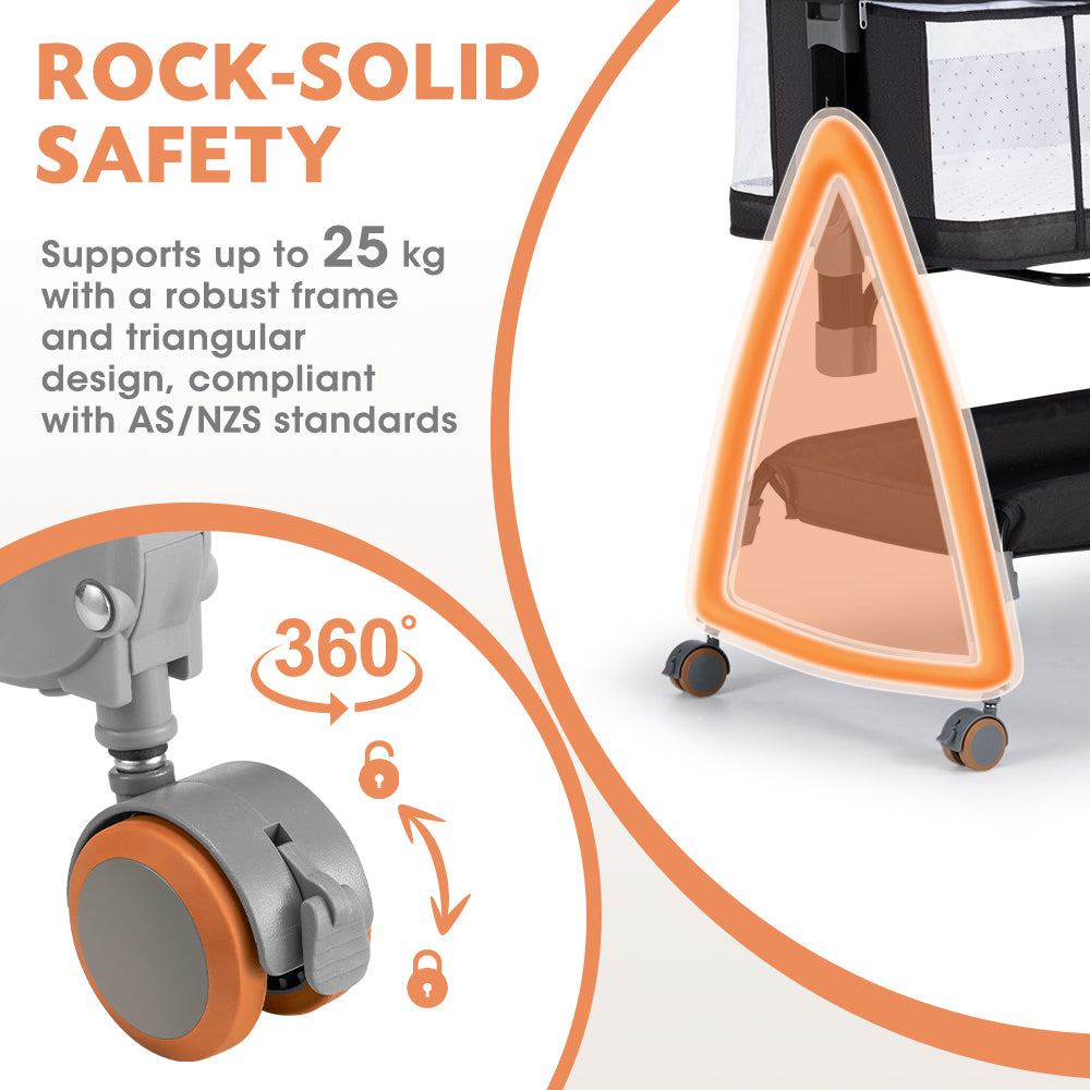 PlayPals 3-in-1 Baby Cot Crib Bed Bassinet Bedside Sleeper Portable Black - Sunyee