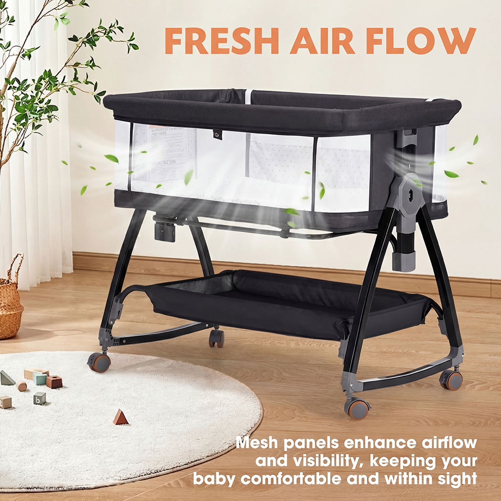 PlayPals 3-in-1 Baby Cot Crib Bed Bassinet Bedside Sleeper Portable Black