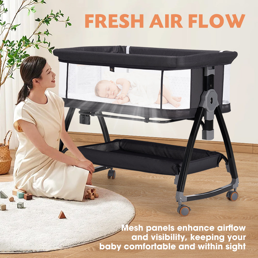 PlayPals 3-in-1 Baby Cot Crib Bed Bassinet Bedside Sleeper Portable Black - Sunyee