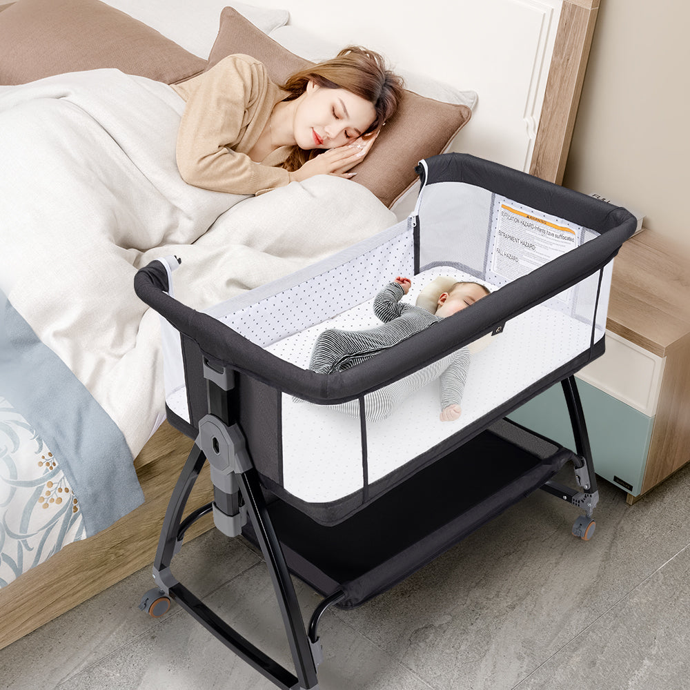 PlayPals 3-in-1 Baby Cot Crib Bed Bassinet Bedside Sleeper Portable Black - Sunyee