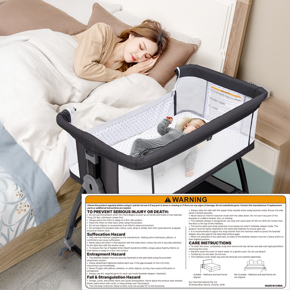 PlayPals 3-in-1 Baby Cot Crib Bed Bassinet Bedside Sleeper Portable Black