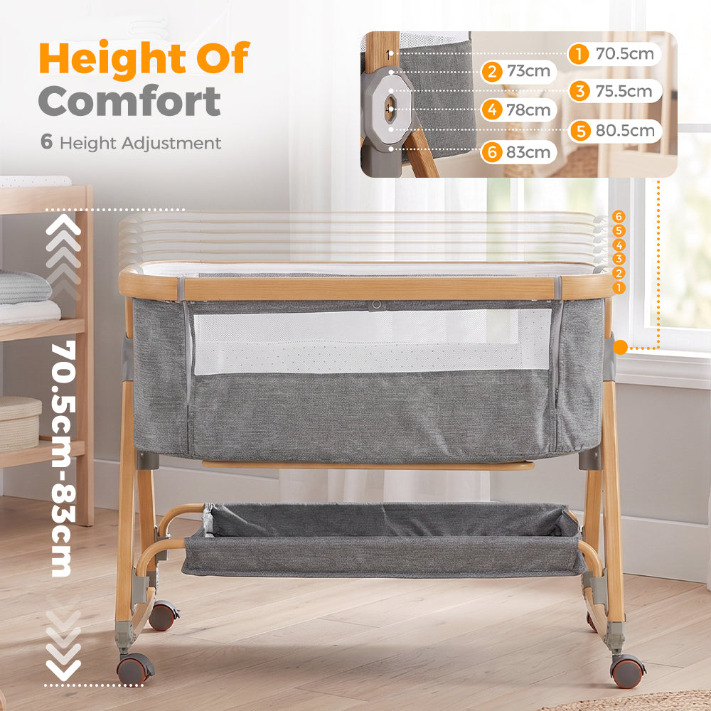 PlayPals 3-in-1 Baby Cot Crib Bed Bassinet Bedside Sleeper Portable Grey