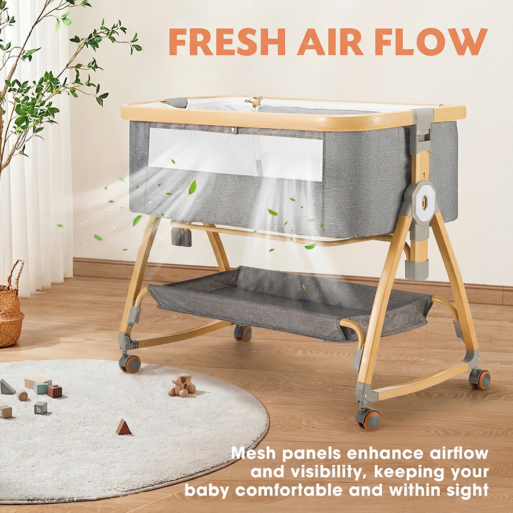 PlayPals 3-in-1 Baby Cot Crib Bed Bassinet Bedside Sleeper Portable Grey