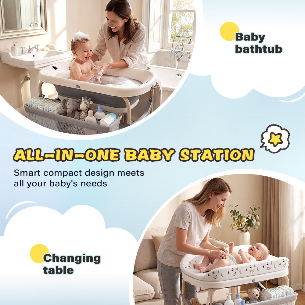 PlayPals Foldable Baby Bathtub with Changing Table w/ Wheels Diaper Change - Sunyee