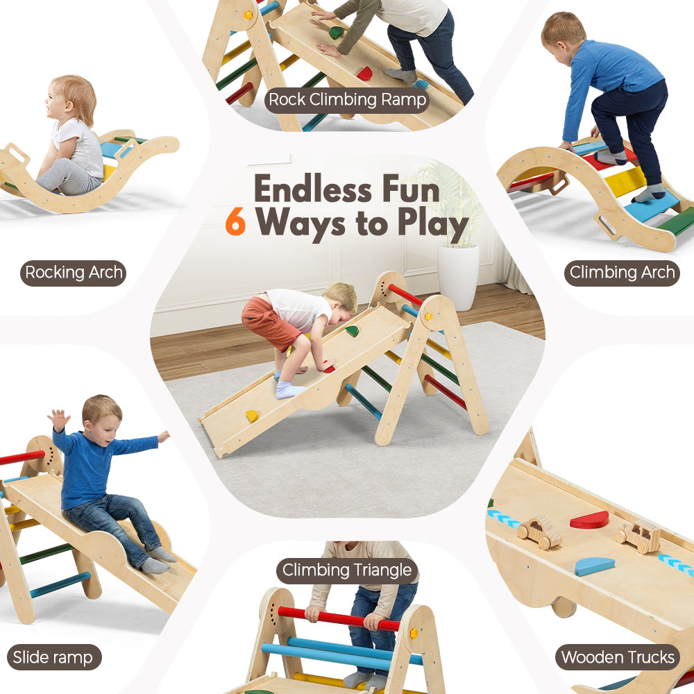 PlayPals 6-In-1 Pikler Triangle Set Wooden Montessori Climbing for Toddlers - Sunyee