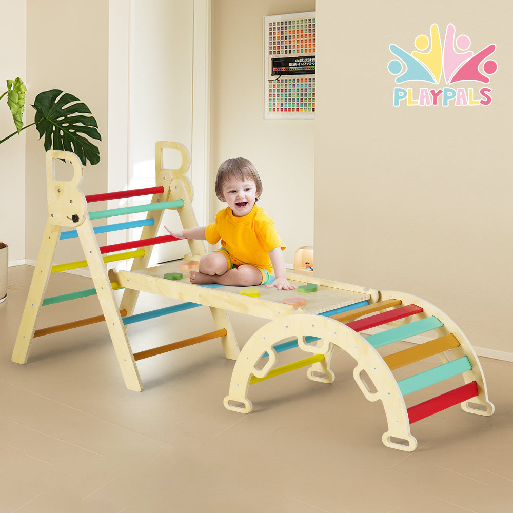 PlayPals 7-In-1 Pikler Triangle Set Wooden Montessori Climbing for Toddlers - Sunyee