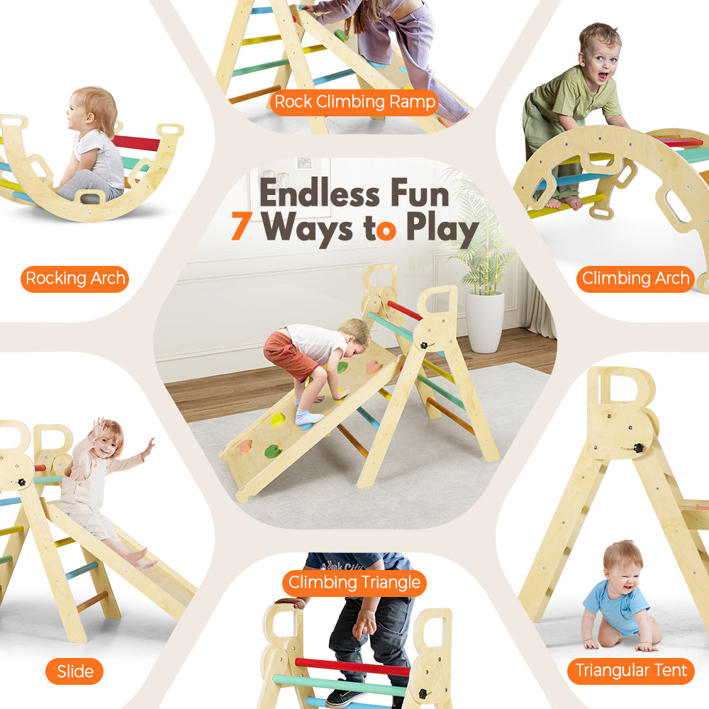 PlayPals 7-In-1 Pikler Triangle Set Wooden Montessori Climbing for Toddlers - Sunyee
