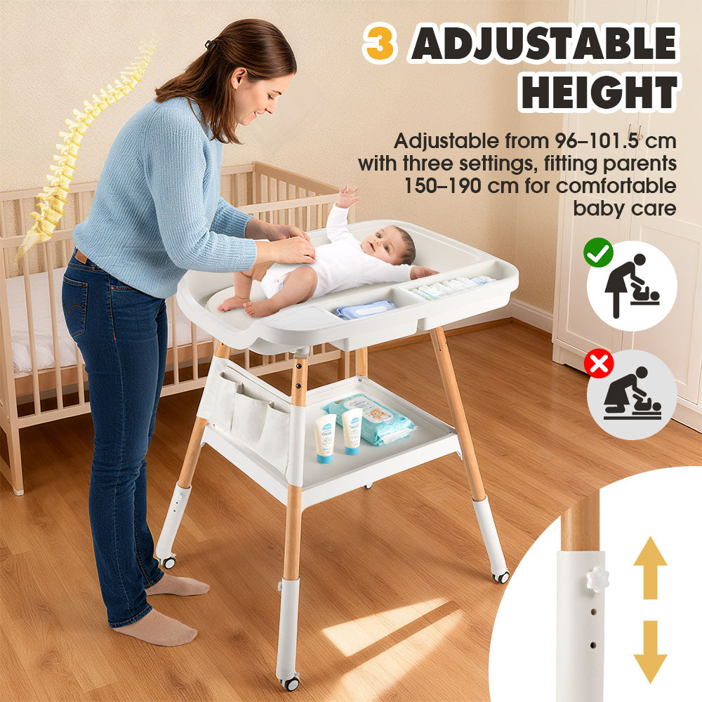 PlayPals Baby Changing Table w/ Wheels Adjustable Height Beech Wood Diaper Change - Sunyee