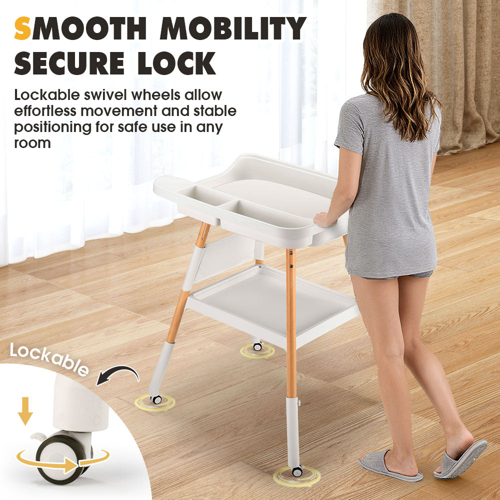 PlayPals Baby Changing Table w/ Wheels Adjustable Height Beech Wood Diaper Change - Sunyee