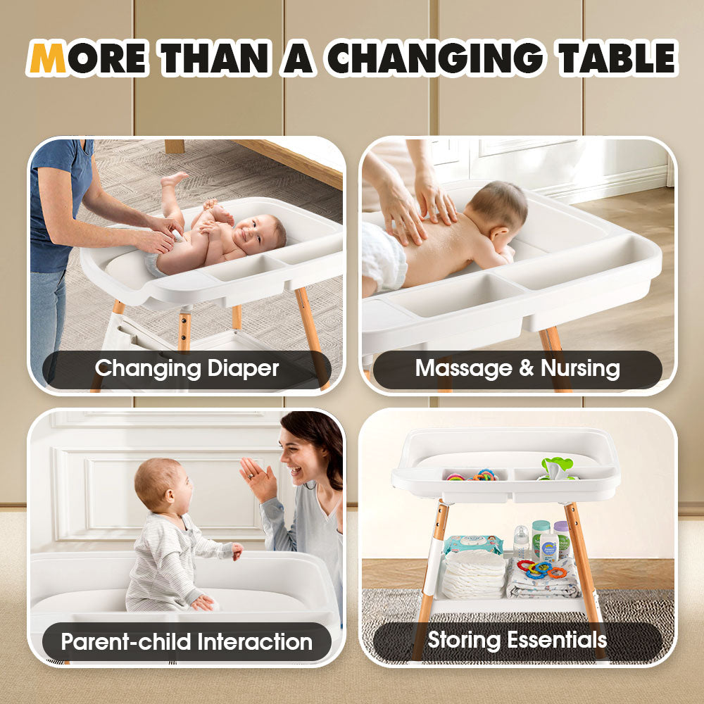 PlayPals Baby Changing Table w/ Wheels Adjustable Height Beech Wood Diaper Change - Sunyee