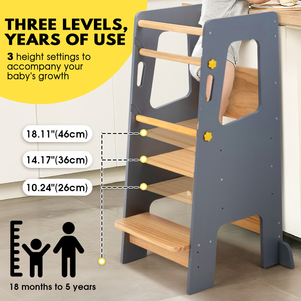 PlayPals Toddler Learning Tower Adjustable Height Step Stool Anti-Slip Grey - Sunyee