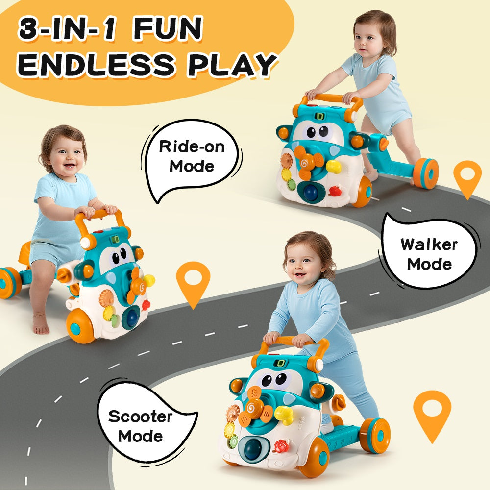 PlayPals 3-in-1 Baby Walker Cycle Scooter w/ Music 90° Rotating Head - Sunyee