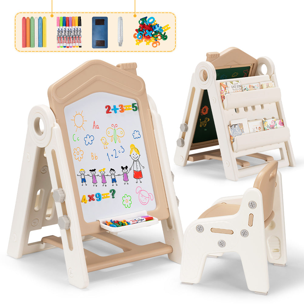 PlayPals 3-in-1 Kids Art Easel w/ Stool Whiteboard Chalkboard Height Adjustable - Sunyee