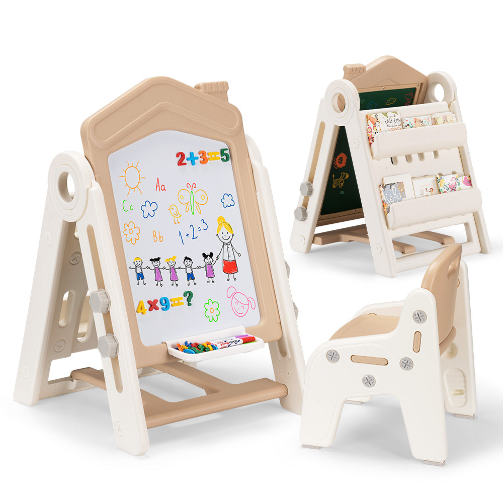PlayPals 3-in-1 Kids Art Easel w/ Stool Whiteboard Chalkboard Height Adjustable - Sunyee