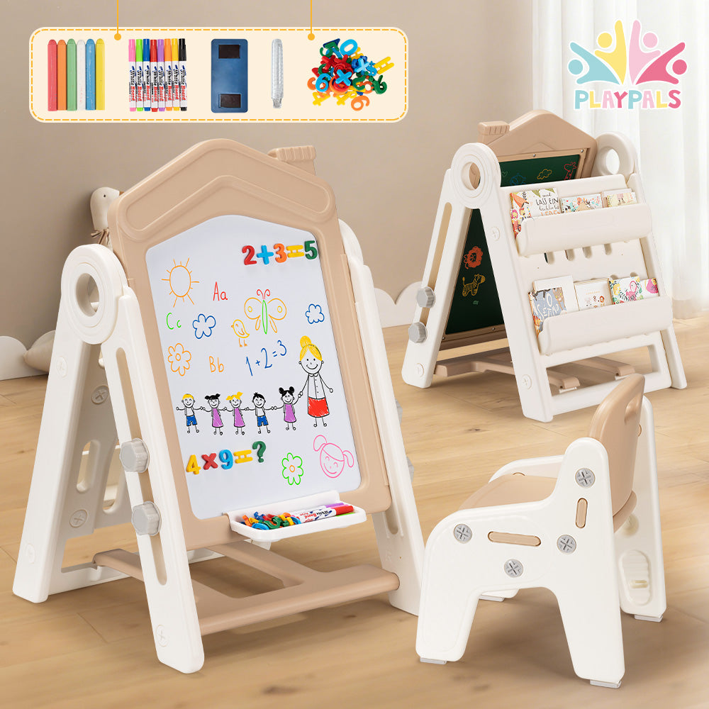 PlayPals 3-in-1 Kids Art Easel w/ Stool Whiteboard Chalkboard Height Adjustable - Sunyee