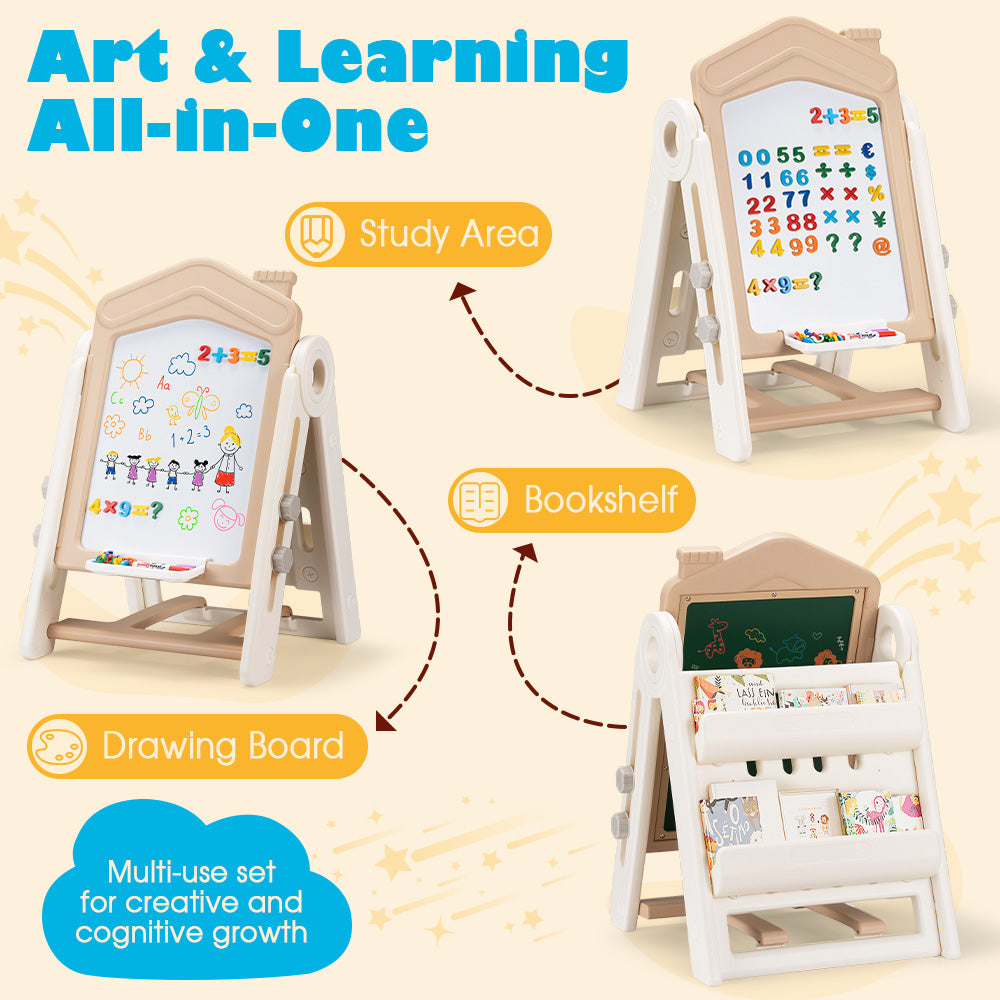 PlayPals 3-in-1 Kids Art Easel w/ Stool Whiteboard Chalkboard Height Adjustable - Sunyee