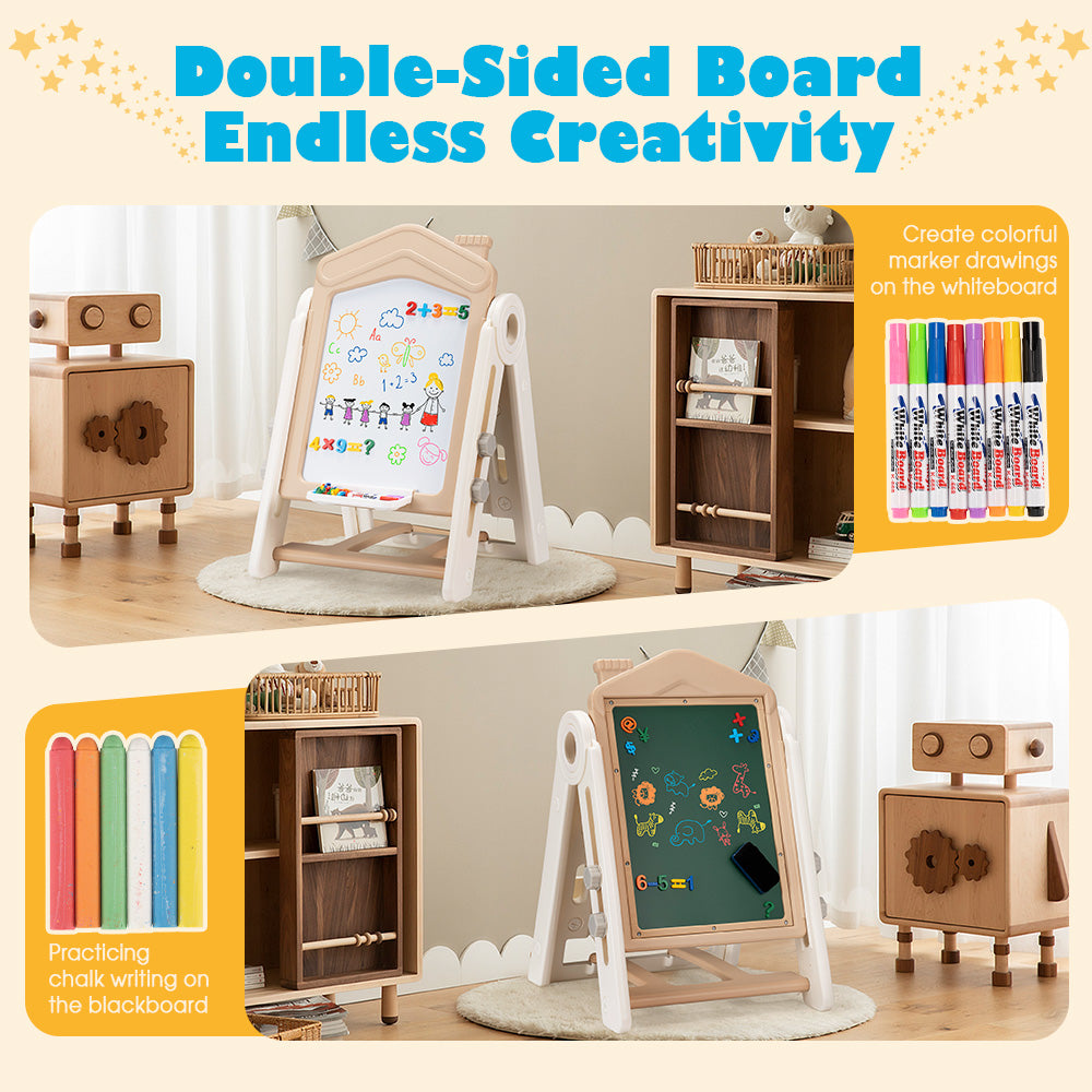 PlayPals 3-in-1 Kids Art Easel w/ Stool Whiteboard Chalkboard Height Adjustable - Sunyee