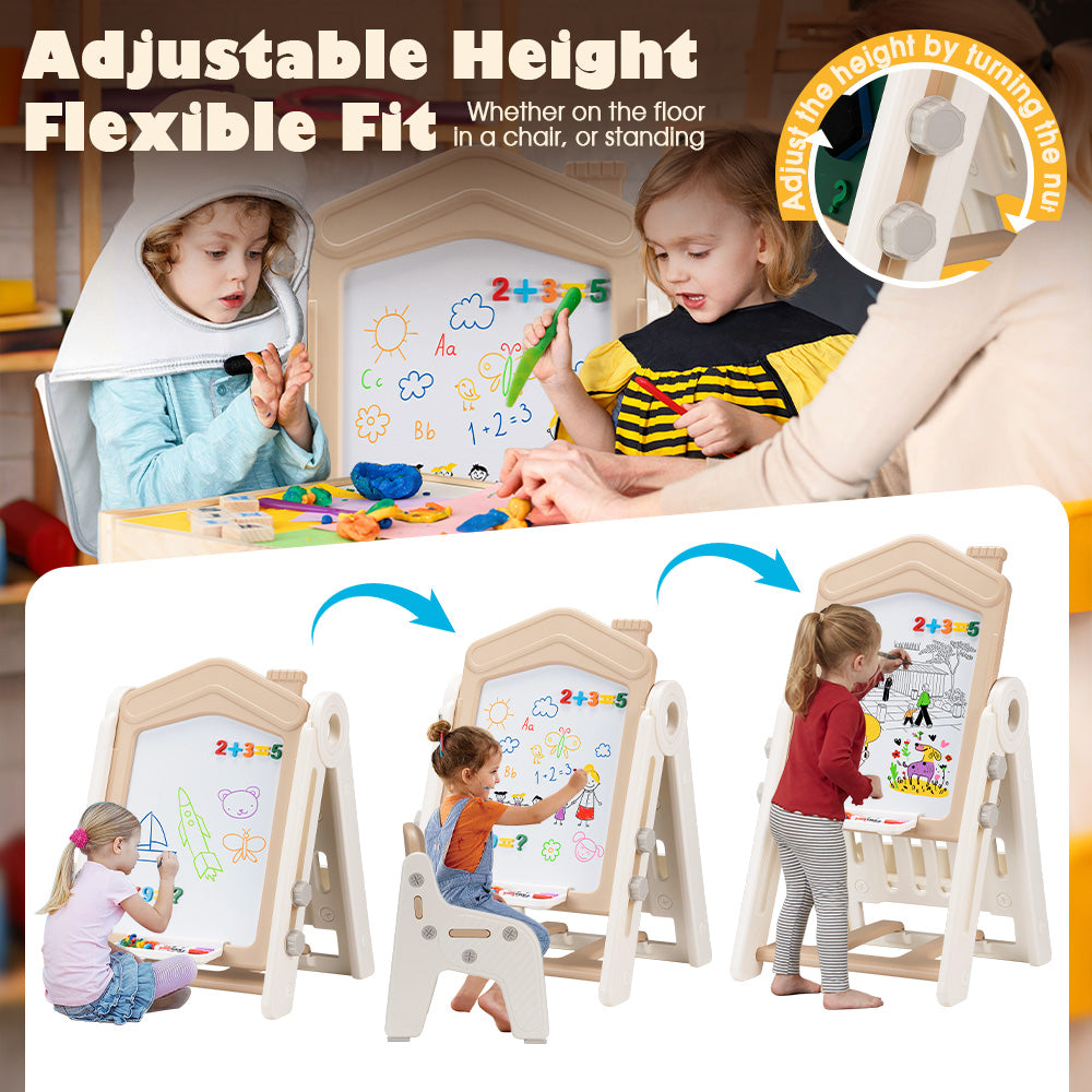 PlayPals 3-in-1 Kids Art Easel w/ Stool Whiteboard Chalkboard Height Adjustable - Sunyee