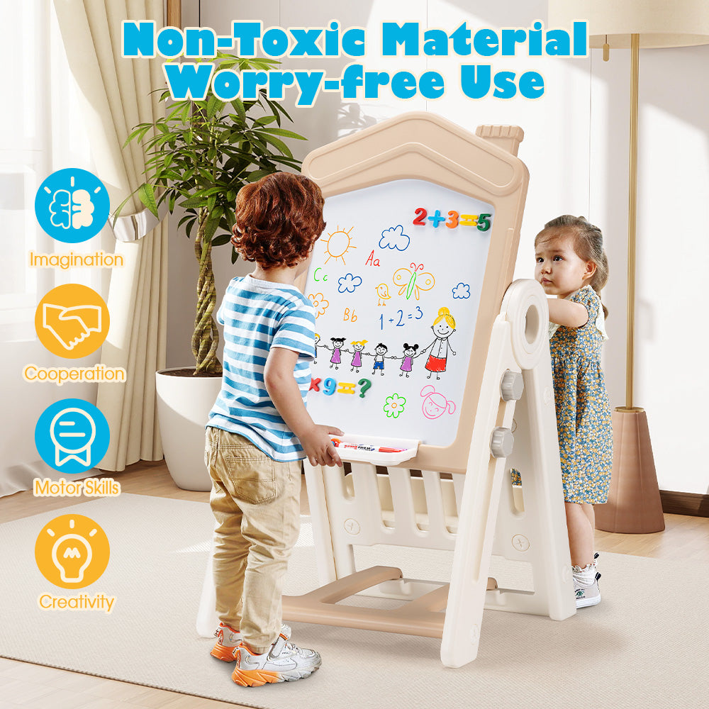 PlayPals 3-in-1 Kids Art Easel w/ Stool Whiteboard Chalkboard Height Adjustable - Sunyee