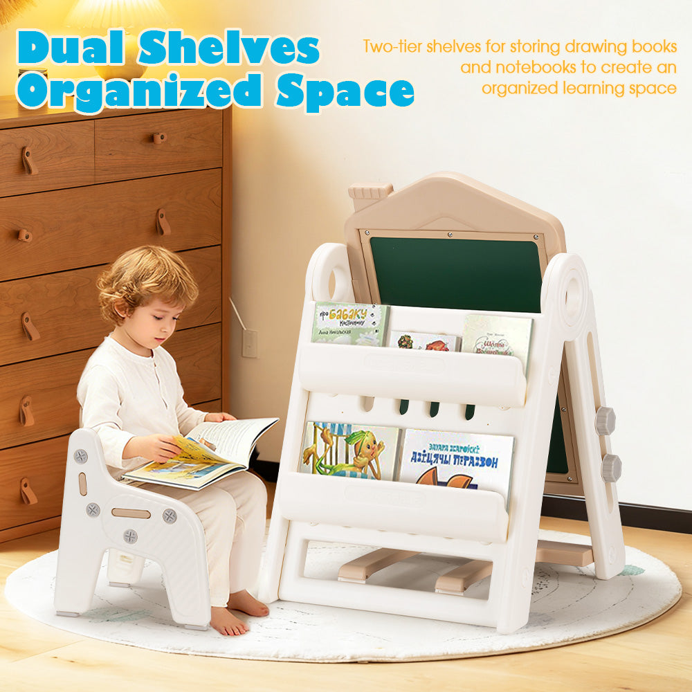 PlayPals 3-in-1 Kids Art Easel w/ Stool Whiteboard Chalkboard Height Adjustable - Sunyee