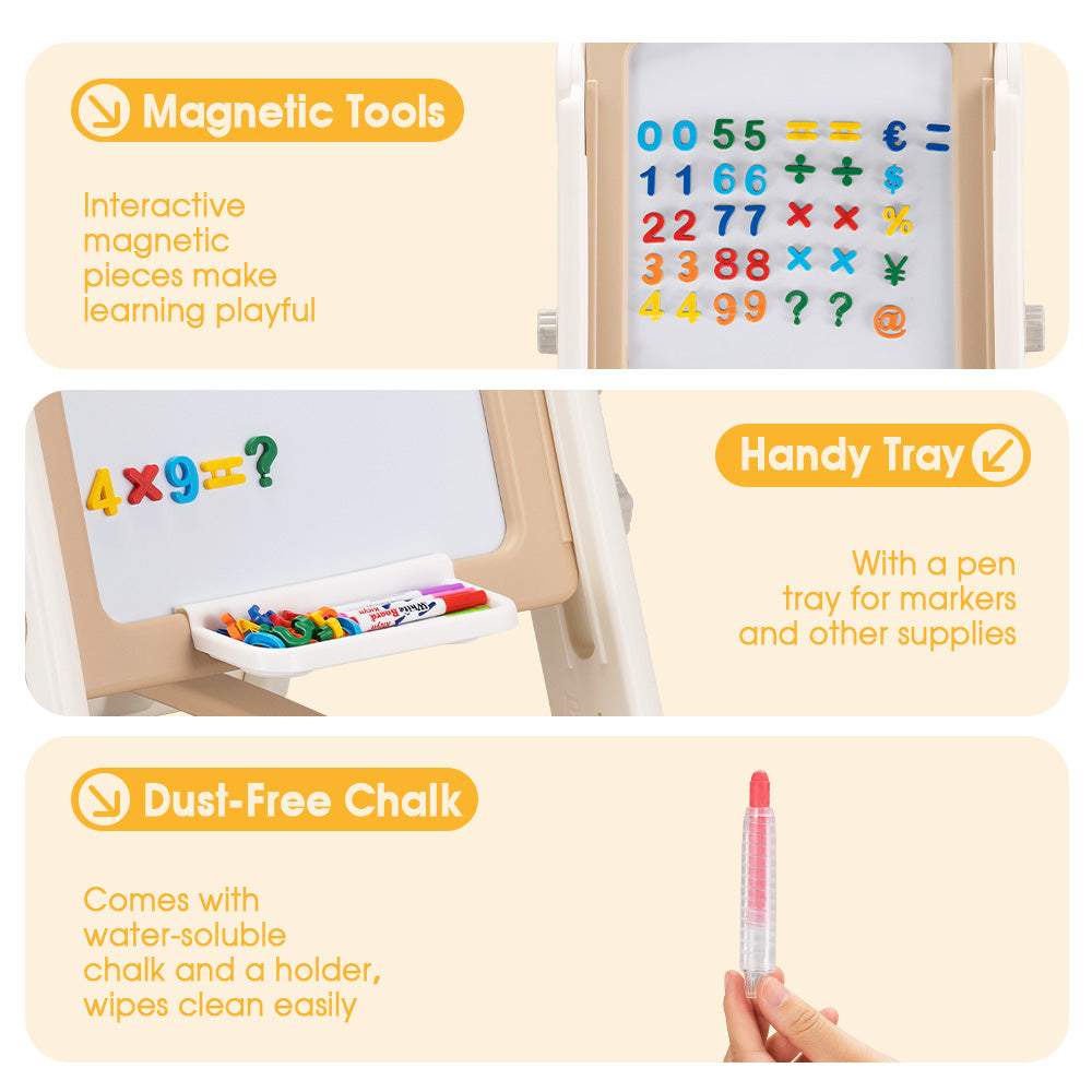 PlayPals 3-in-1 Kids Art Easel w/ Stool Whiteboard Chalkboard Height Adjustable - Sunyee