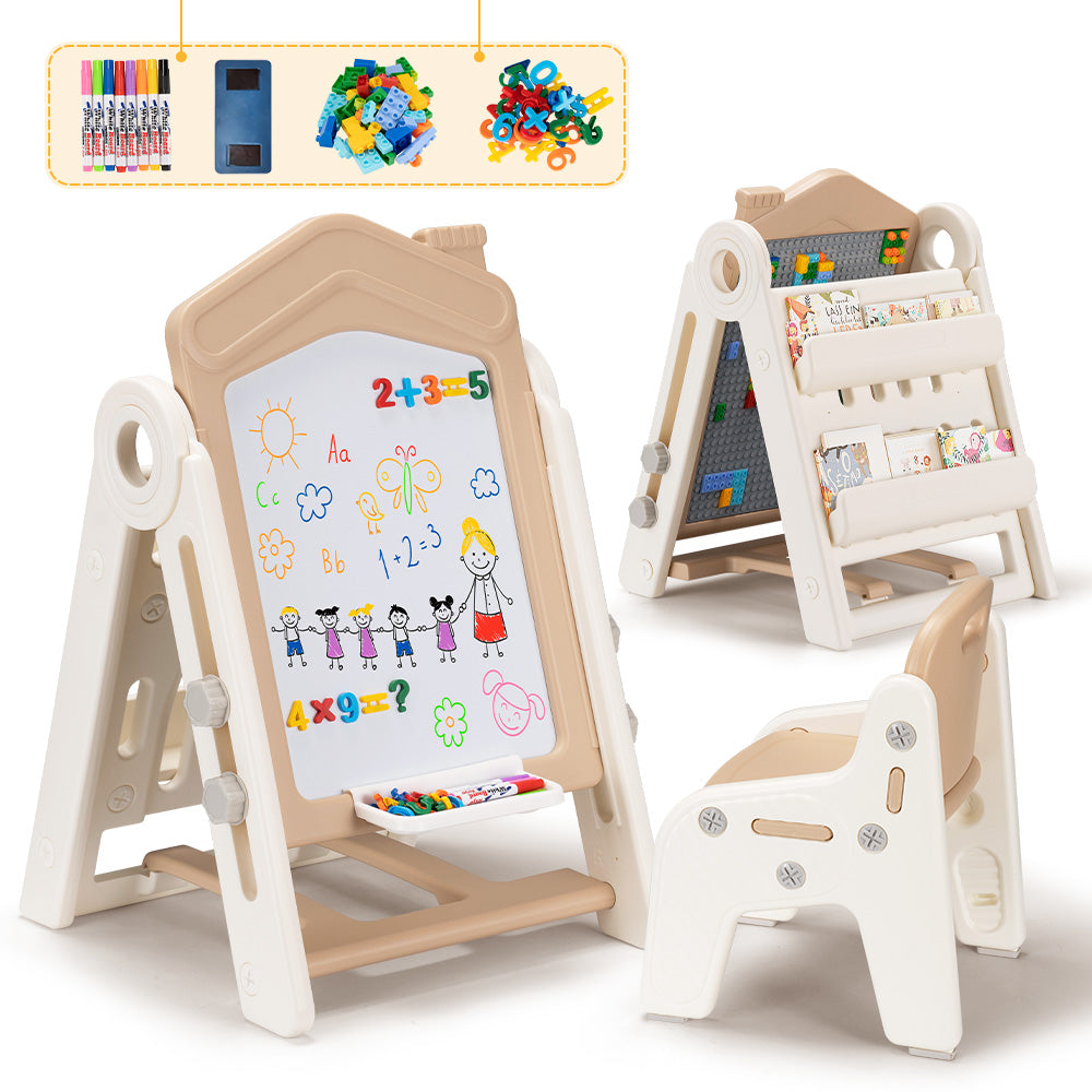 PlayPals 3-in-1 Kids Art Easel w/ Stool Whiteboard Block Board Height Adjustable - Sunyee