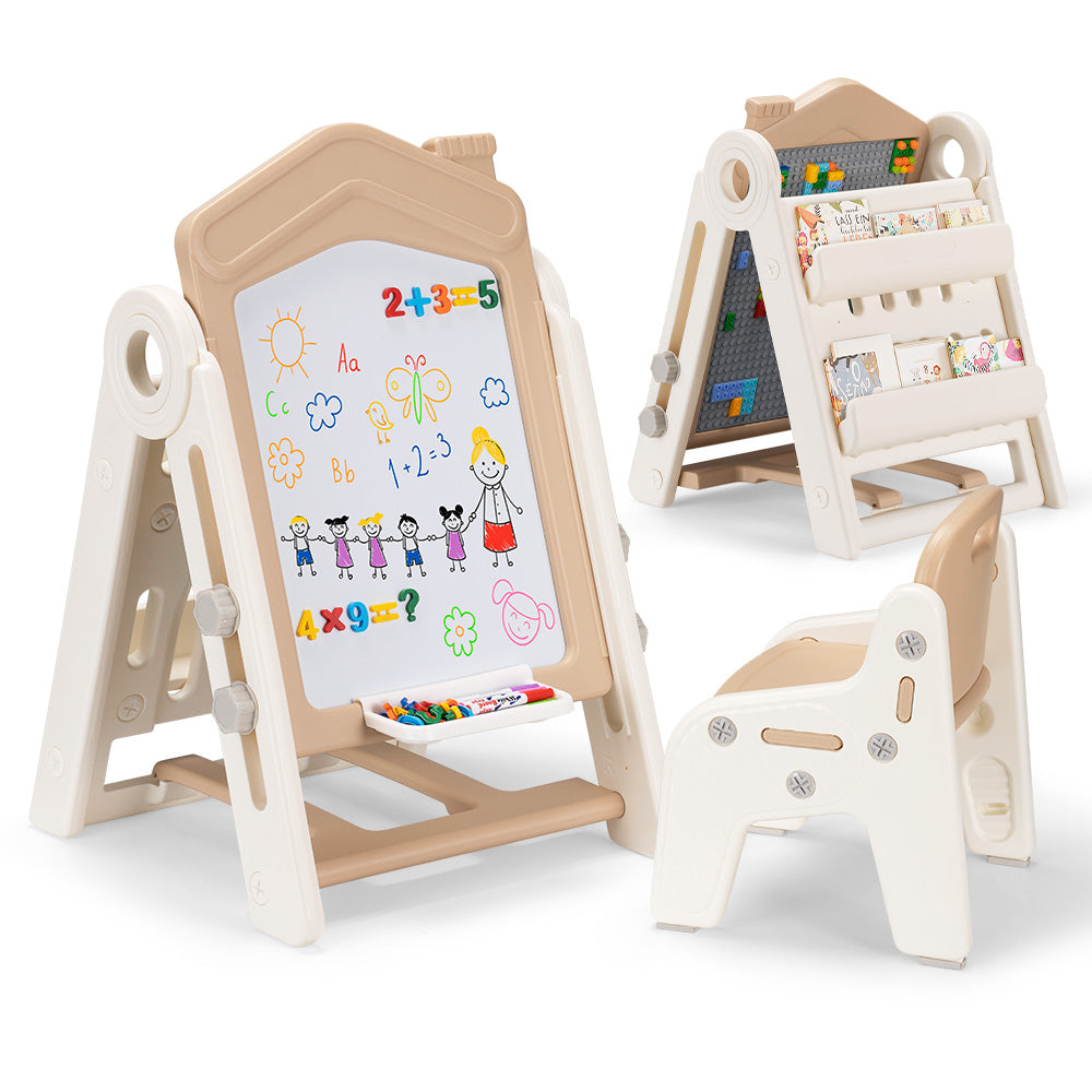 PlayPals 3-in-1 Kids Art Easel w/ Stool Whiteboard Block Board Height Adjustable - Sunyee