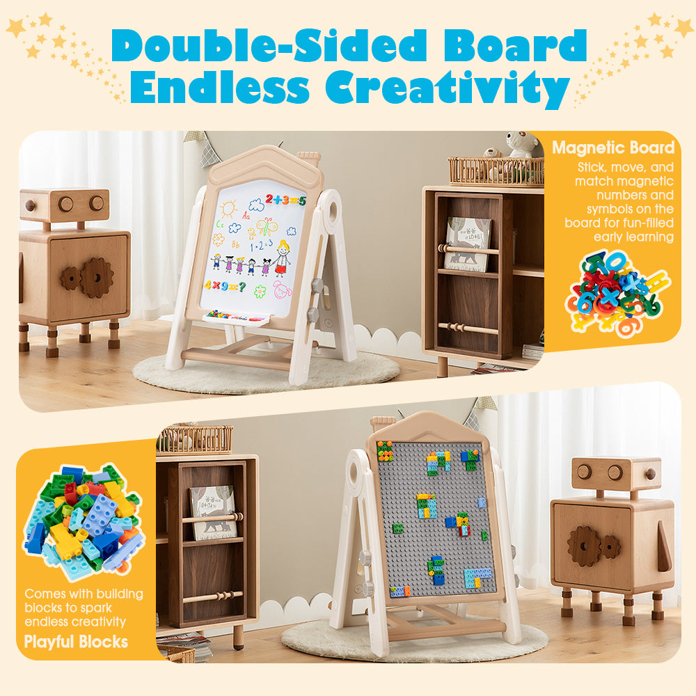 PlayPals 3-in-1 Kids Art Easel w/ Stool Whiteboard Block Board Height Adjustable - Sunyee