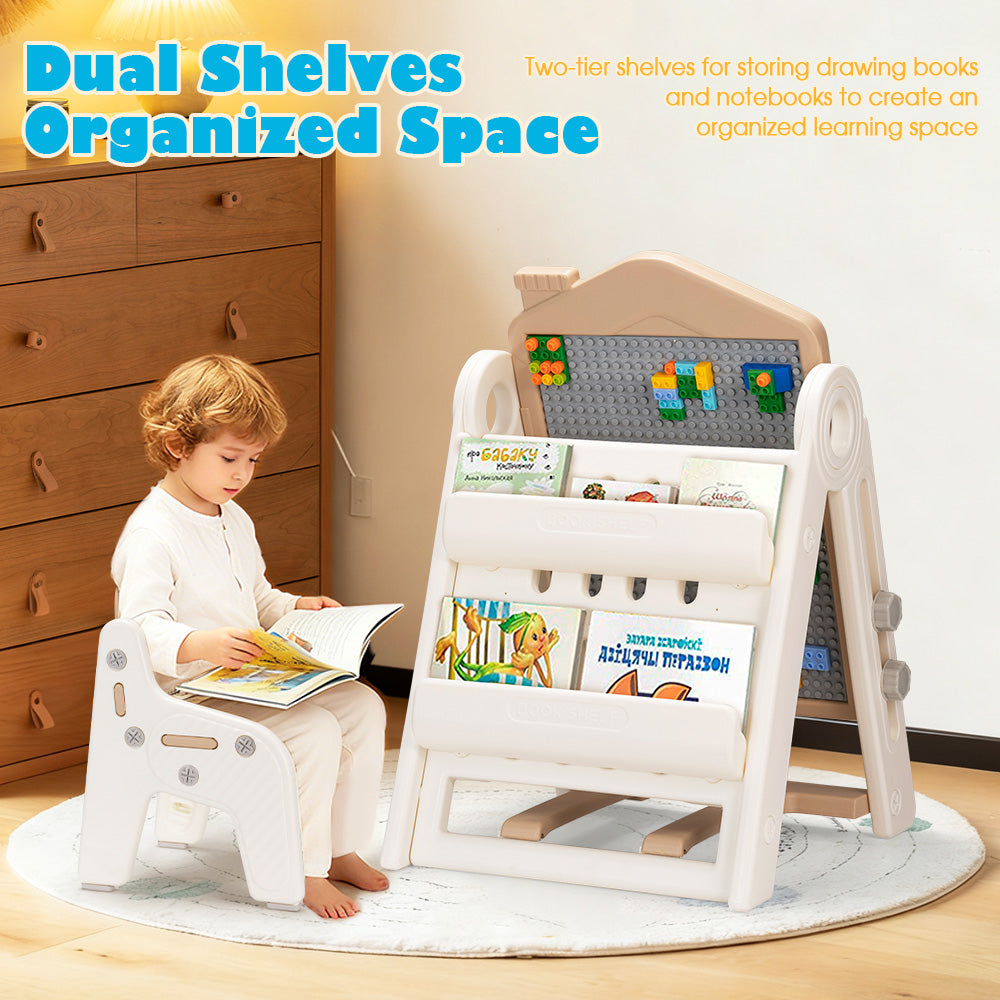 PlayPals 3-in-1 Kids Art Easel w/ Stool Whiteboard Block Board Height Adjustable - Sunyee
