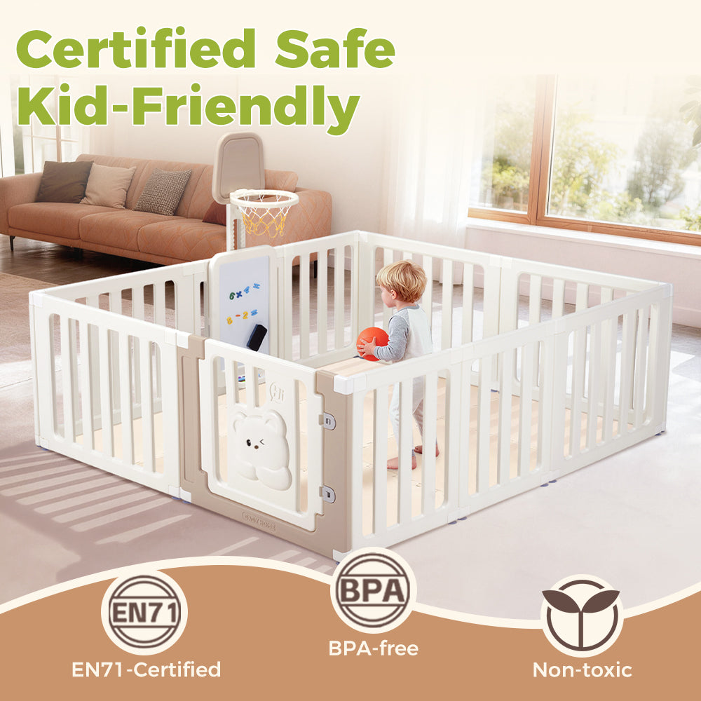 Playpals Kids Playpen Baby Safety Gate with Drawing Whiteboard Basketball Hoop