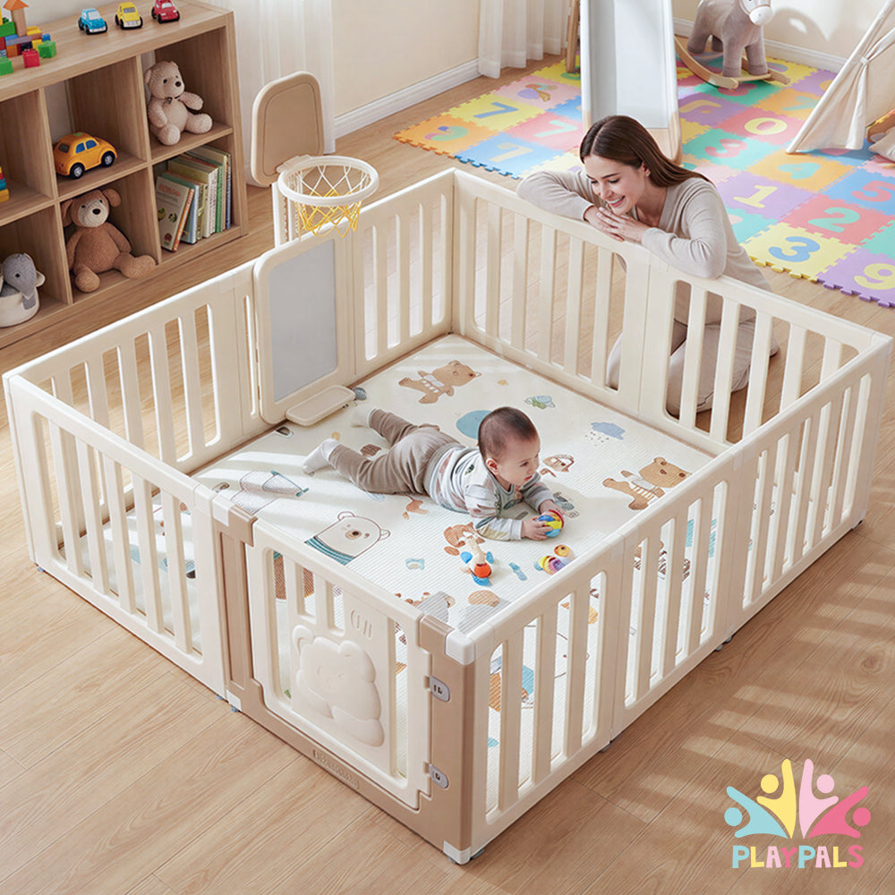 Playpals Kids Playpen Baby Safety Gate with Drawing Whiteboard Basketball Hoop