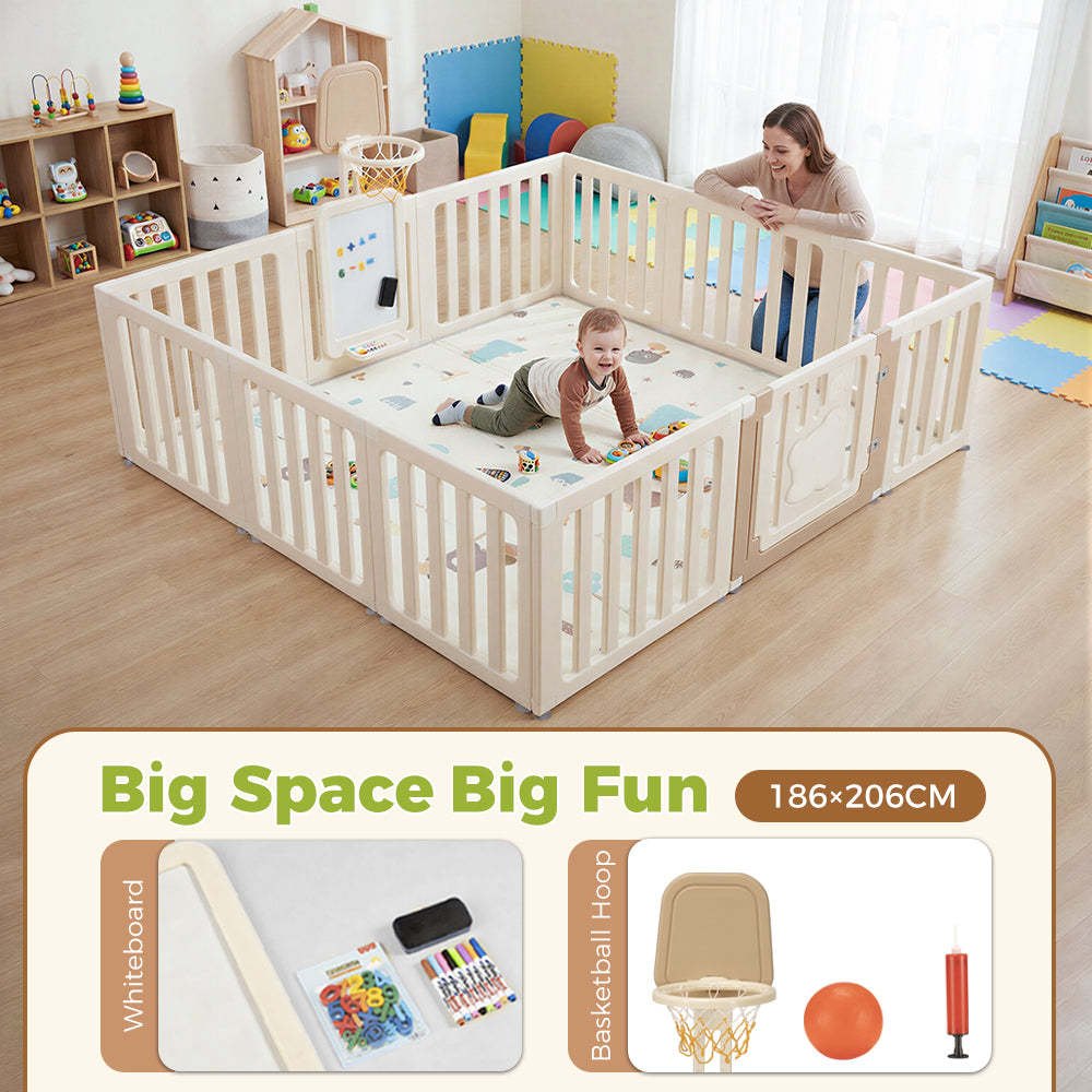 Playpals Kids Playpen Baby Safety Gate with Drawing Whiteboard Basketball Hoop - Sunyee