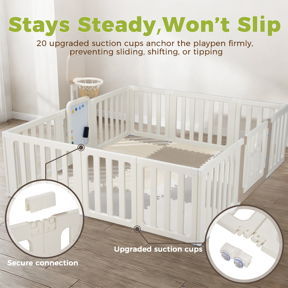 Playpals Kids Playpen Baby Safety Gate with Drawing Whiteboard Basketball Hoop