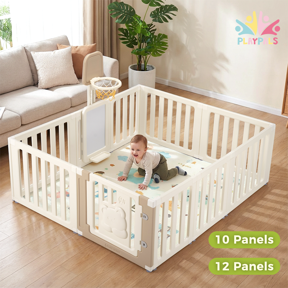 Playpals Kids Playpen Baby Safety Gate with Drawing Whiteboard Basketball Hoop