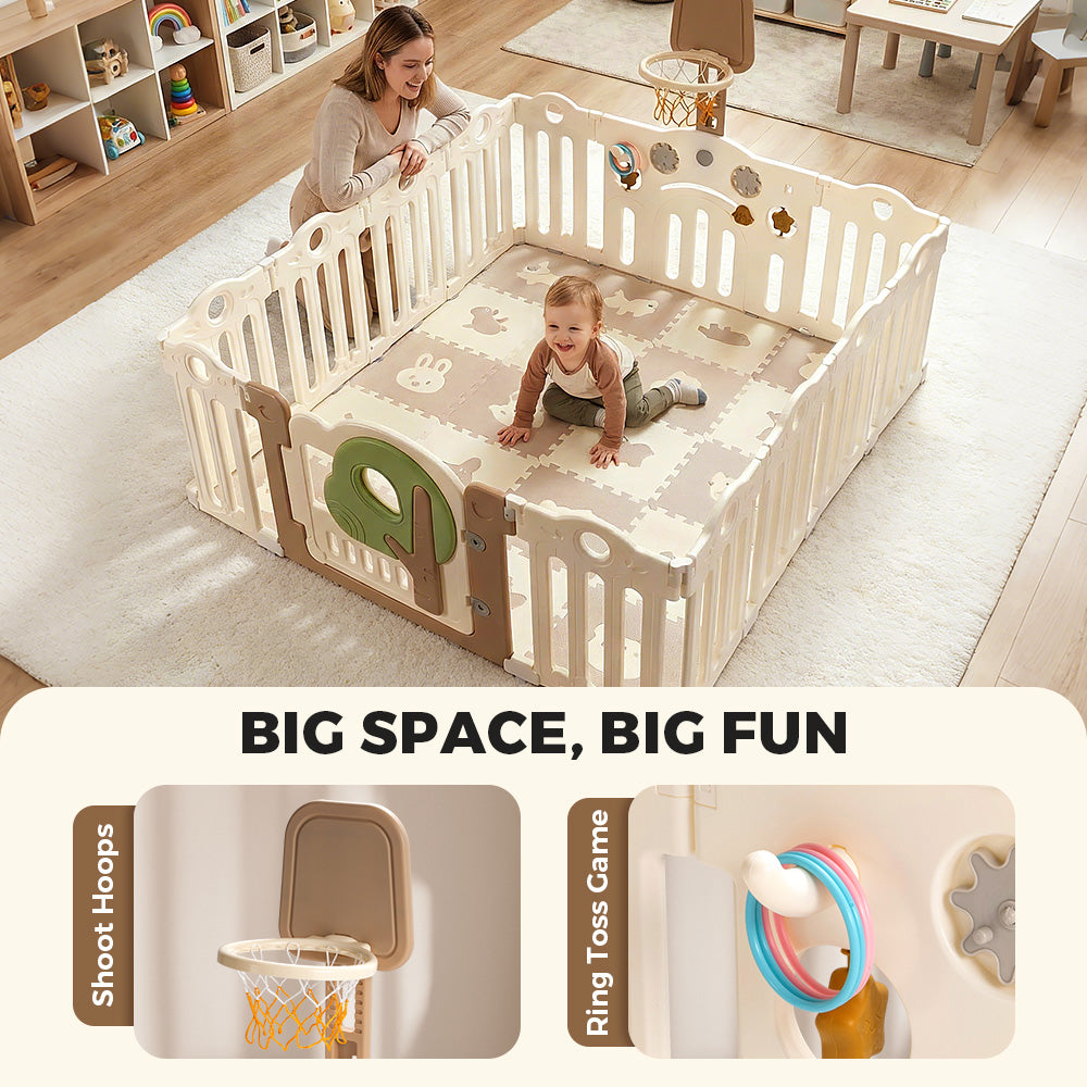 Playpals Kids Playpen Foldable Baby Safety Gate with Shoot Hoops Ring Toss