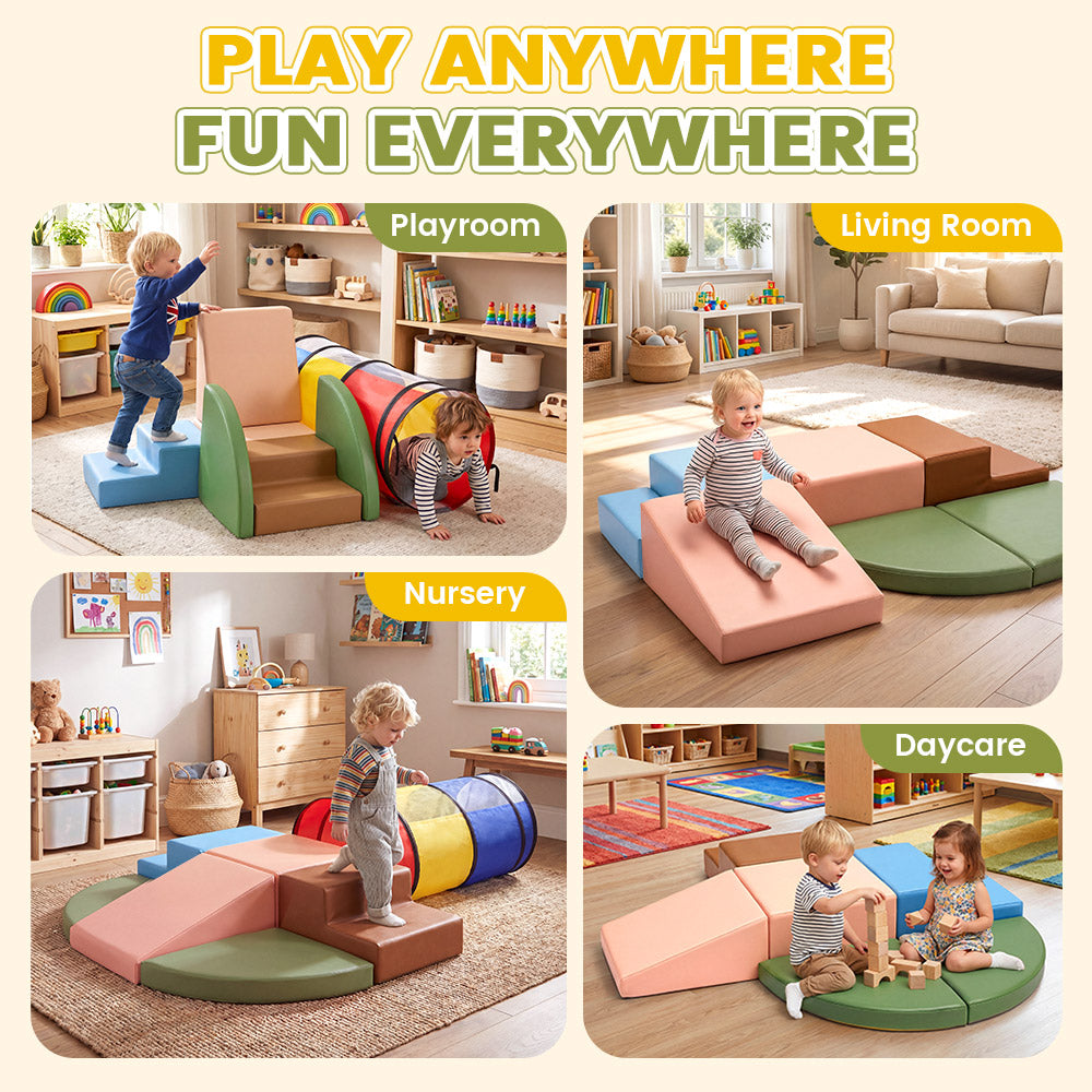 Playpals PU Leather Kids Foam Climbing Blocks w/Play Tunnel Classic/Pastel Color