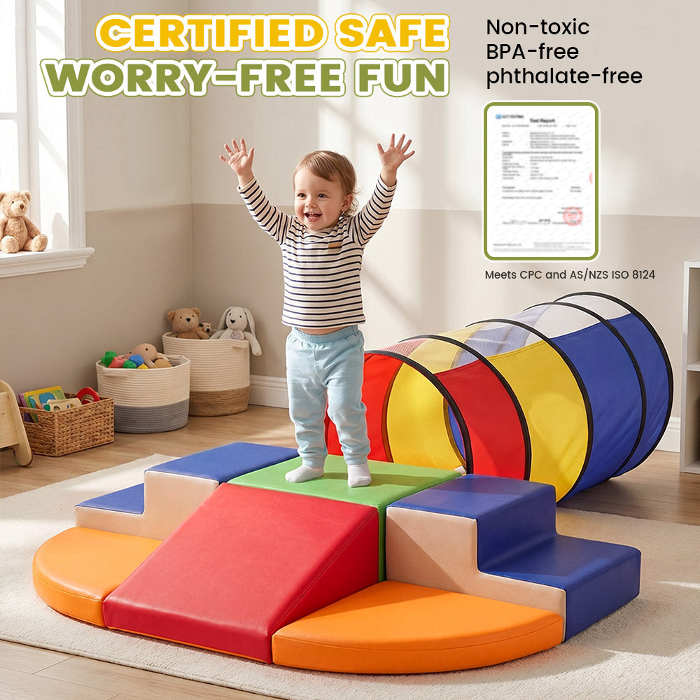 Playpals PU Leather Kids Foam Climbing Blocks w/Play Tunnel Classic/Pastel Color