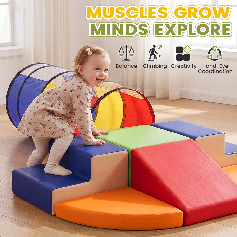 Playpals PU Leather Kids Foam Climbing Blocks w/Play Tunnel Classic/Pastel Color